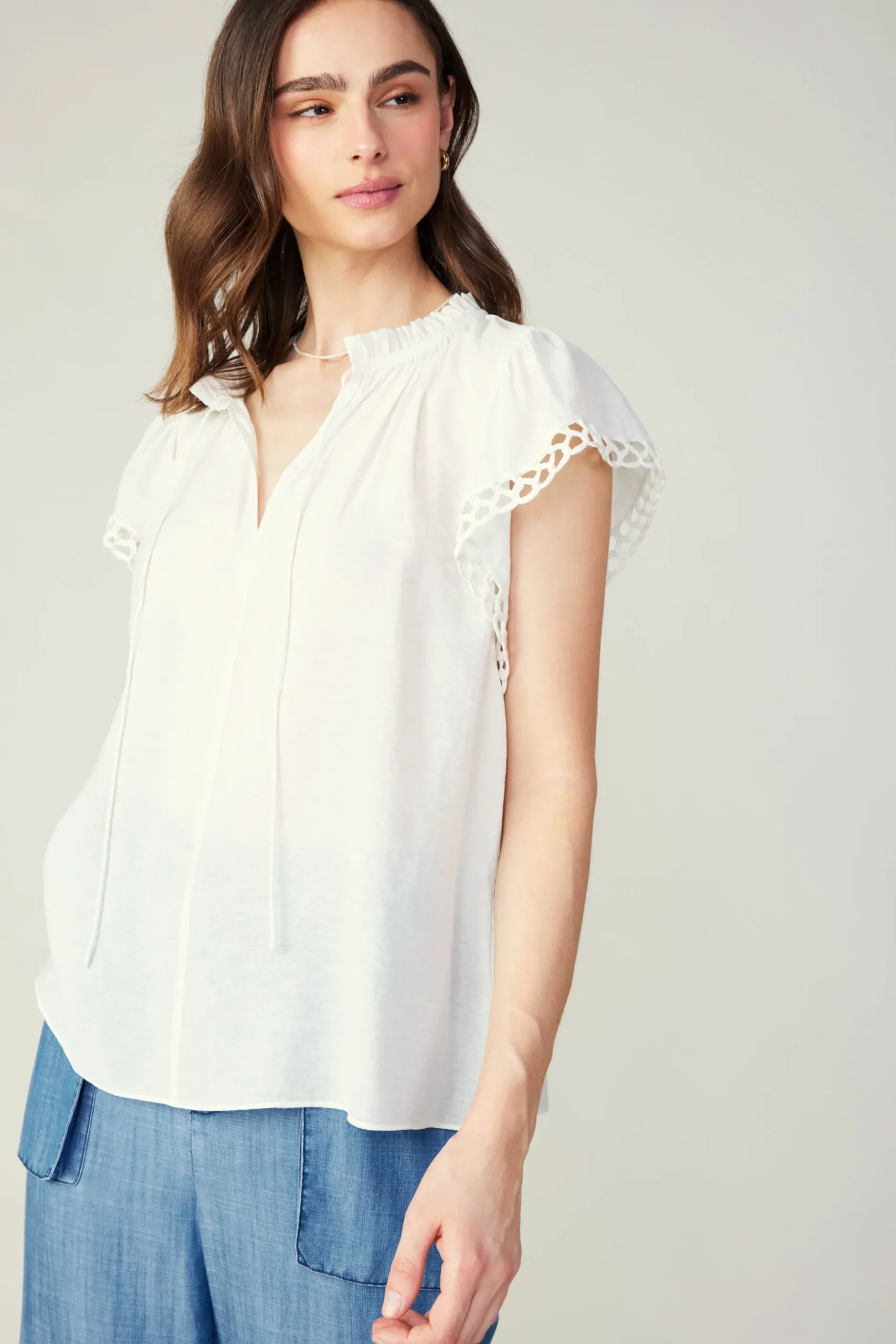 Sleeveless Tops-Current Air Eyelet Blouse WHITE
