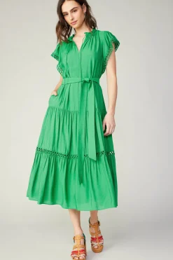 Midi Dresses-Current Air Eyelet Lace Midi Dress SPRINGGREEN