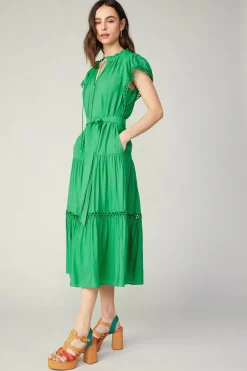 Midi Dresses-Current Air Eyelet Lace Midi Dress SPRINGGREEN