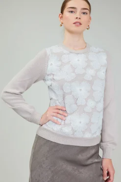 Knitwear|Sweaters-Current Air Floral Applique Sweater LIGHTBEIGE