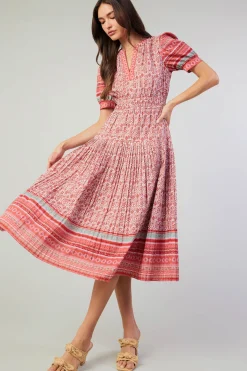 Midi Dresses-Current Air Floral Bohemian Midi Dress REDMLT