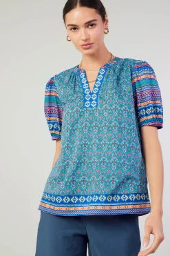 Short Sleeve Tops-Current Air Floral Bohemian Top BLUEMLT