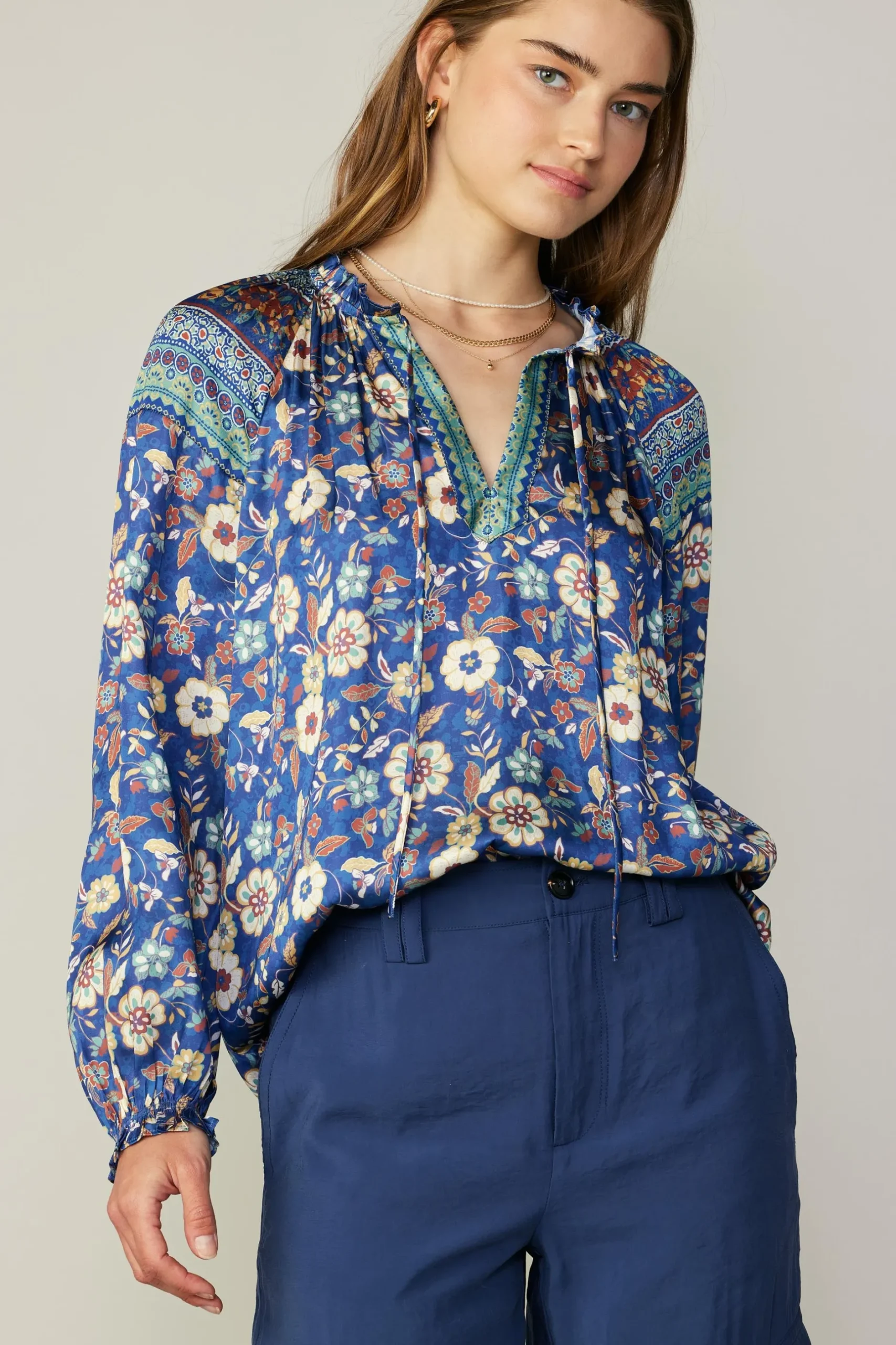 Long Sleeve Tops-Current Air Floral Border Print Blouse NAVYFLORALMLT
