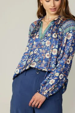 Long Sleeve Tops-Current Air Floral Border Print Blouse NAVYFLORALMLT