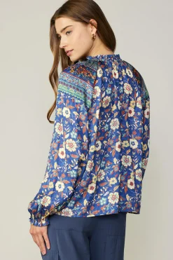 Long Sleeve Tops-Current Air Floral Border Print Blouse NAVYFLORALMLT
