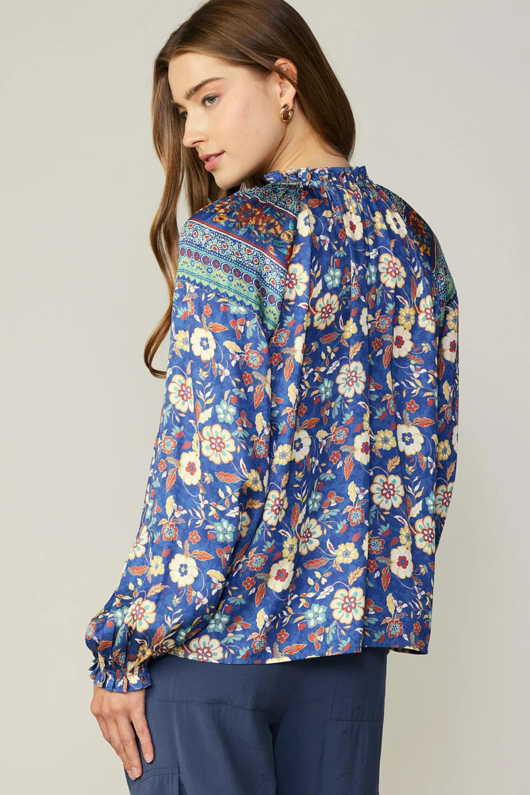 Long Sleeve Tops-Current Air Floral Border Print Blouse NAVYFLORALMLT