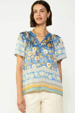 Short Sleeve Tops-Current Air Floral Border Print Blouse BLUESAND