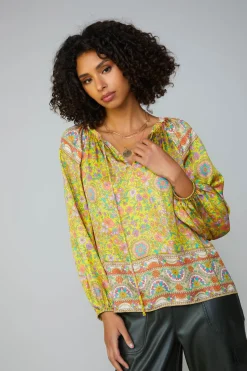 Long Sleeve Tops-Current Air Floral Border Print Raglan Blouse YELLOWMLT