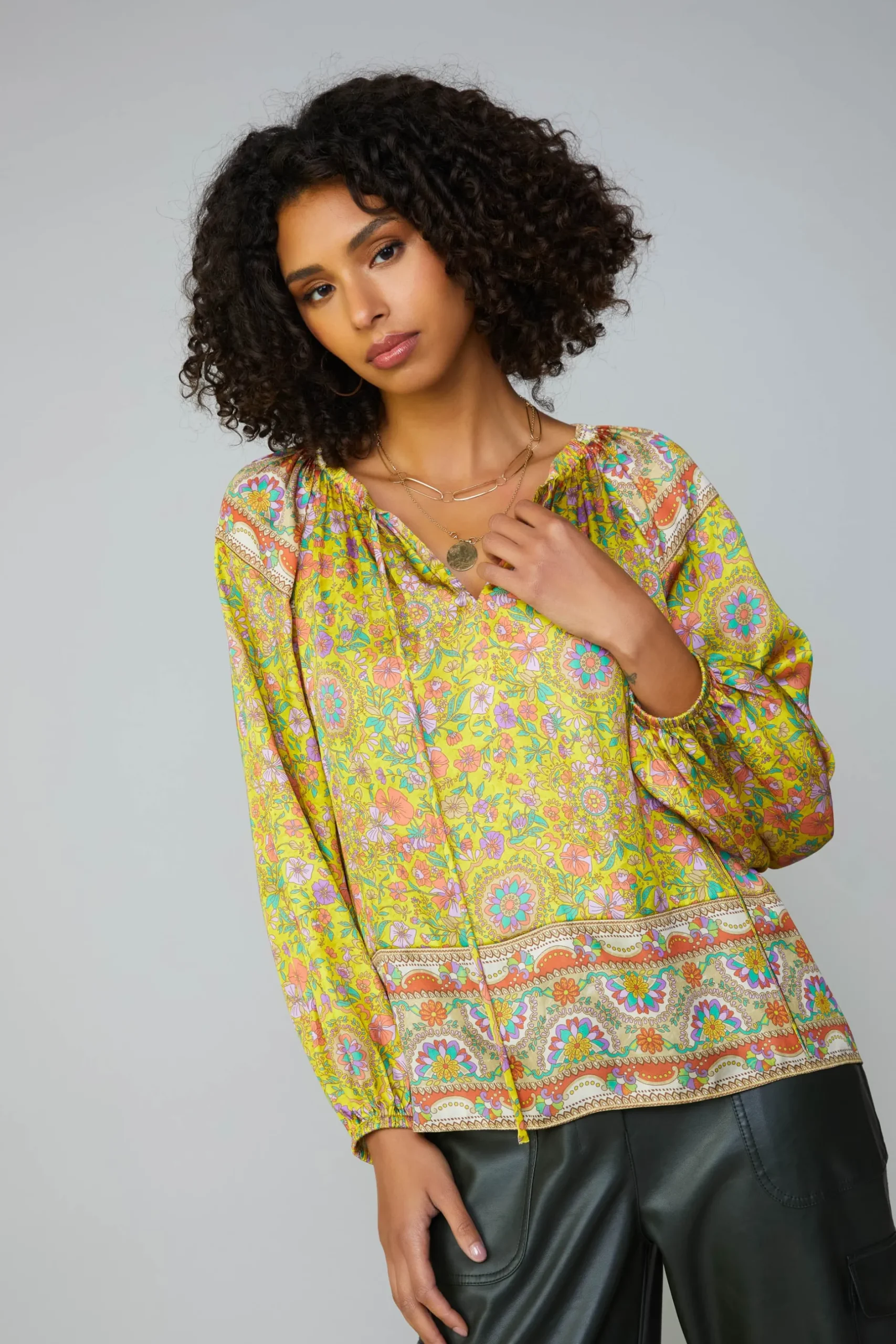 Long Sleeve Tops-Current Air Floral Border Print Raglan Blouse YELLOWMLT
