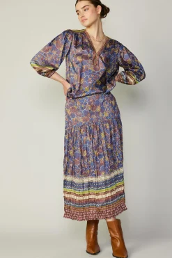 Long Sleeve Tops-Current Air Floral Border Print Top BLUEBROWNMLT