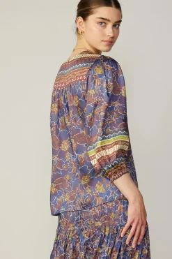 Long Sleeve Tops-Current Air Floral Border Print Top BLUEBROWNMLT