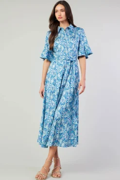 Midi Dresses-Current Air Floral Buttondown Shirt Dress BLUEMLT