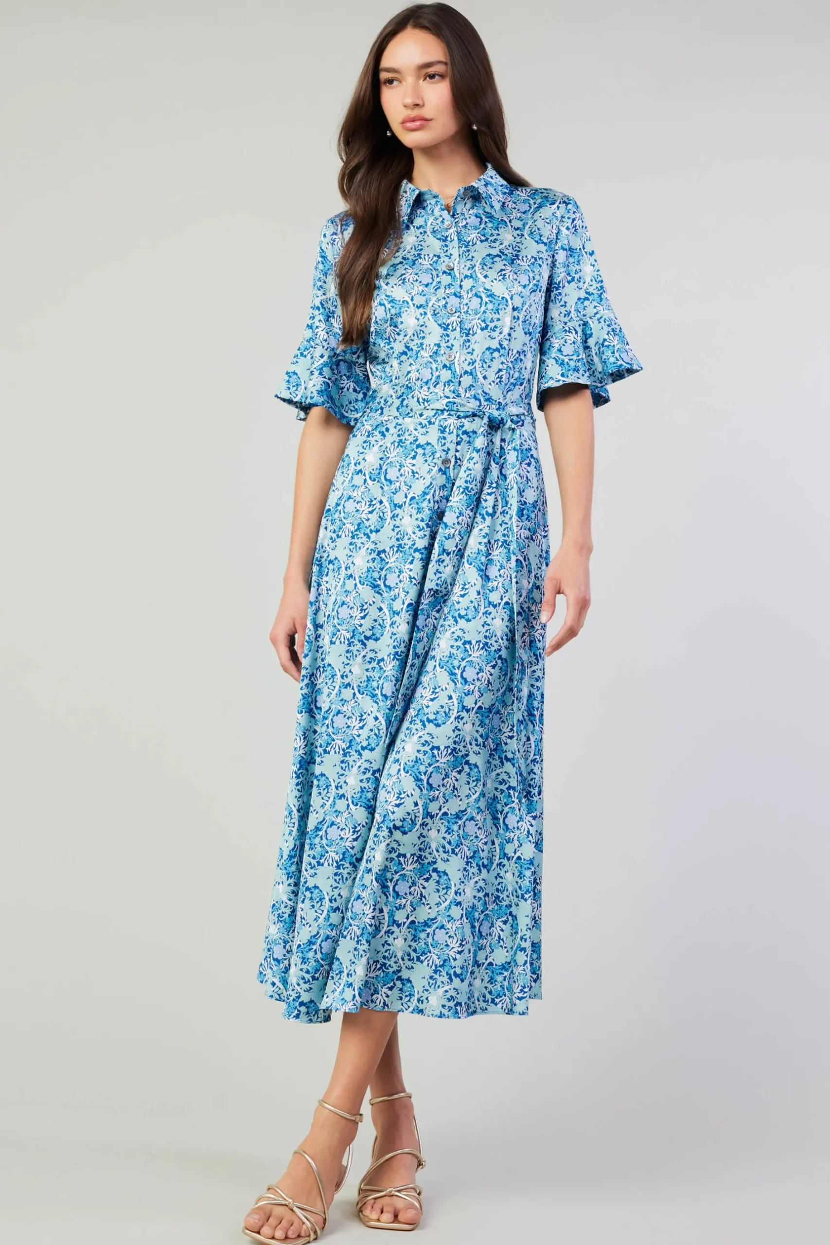 Midi Dresses-Current Air Floral Buttondown Shirt Dress BLUEMLT