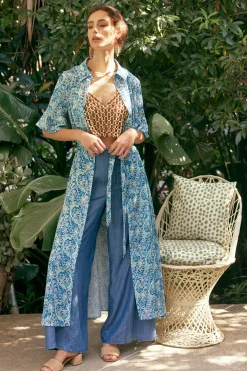 Midi Dresses-Current Air Floral Buttondown Shirt Dress BLUEMLT