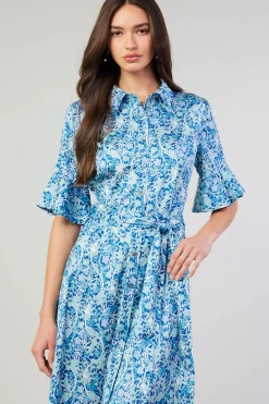 Midi Dresses-Current Air Floral Buttondown Shirt Dress BLUEMLT