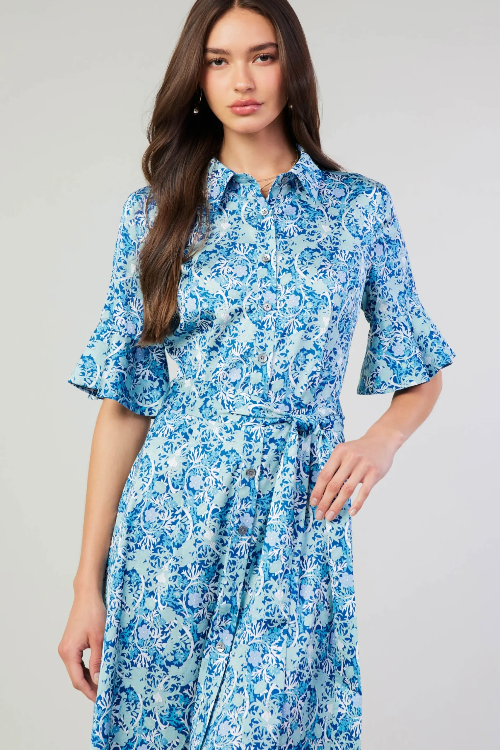 Midi Dresses-Current Air Floral Buttondown Shirt Dress BLUEMLT