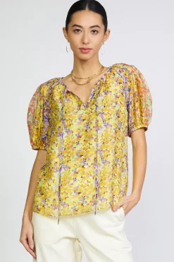 Short Sleeve Tops-Current Air Floral Colorblock Split Neck Blouse MULTI