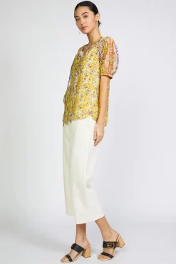 Short Sleeve Tops-Current Air Floral Colorblock Split Neck Blouse MULTI