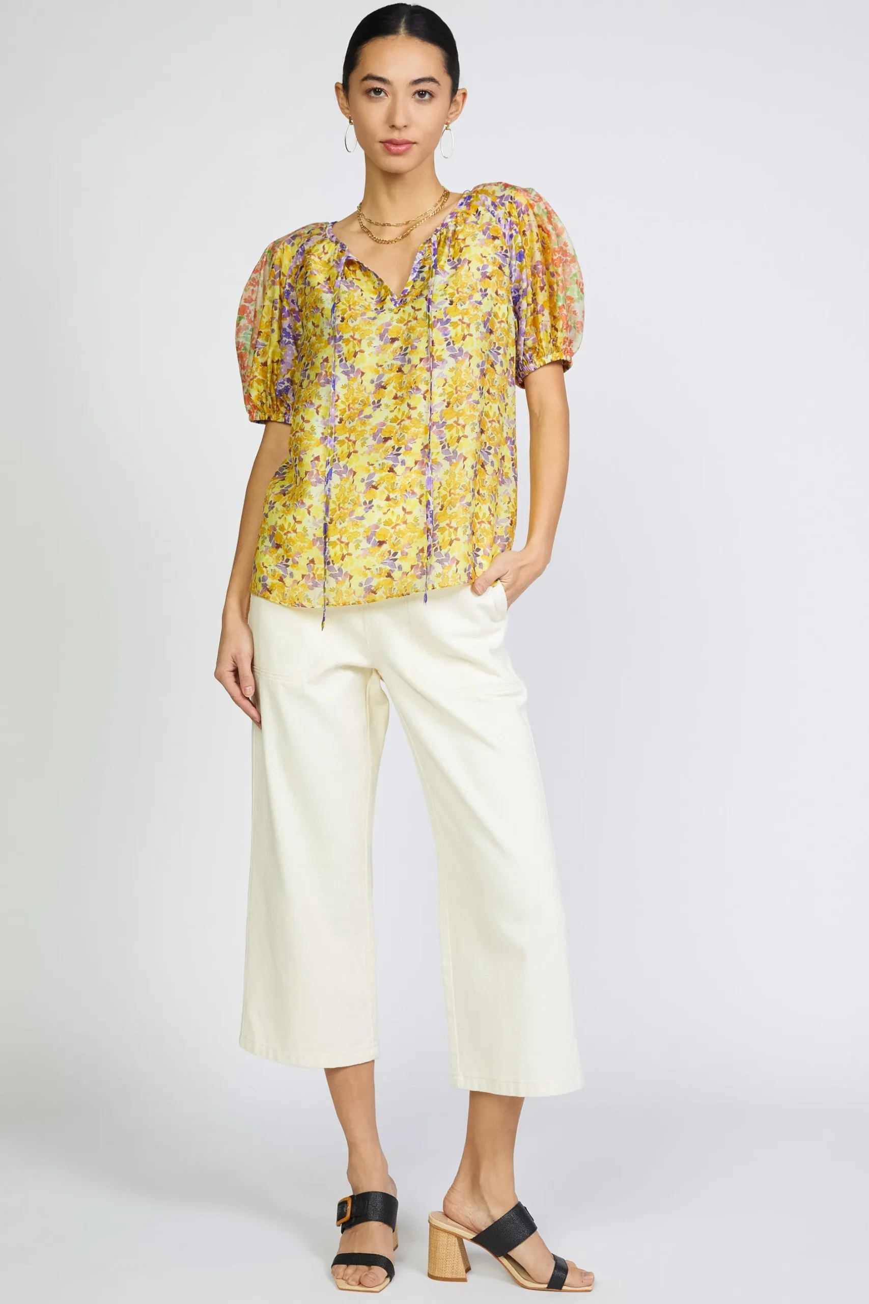Short Sleeve Tops-Current Air Floral Colorblock Split Neck Blouse MULTI