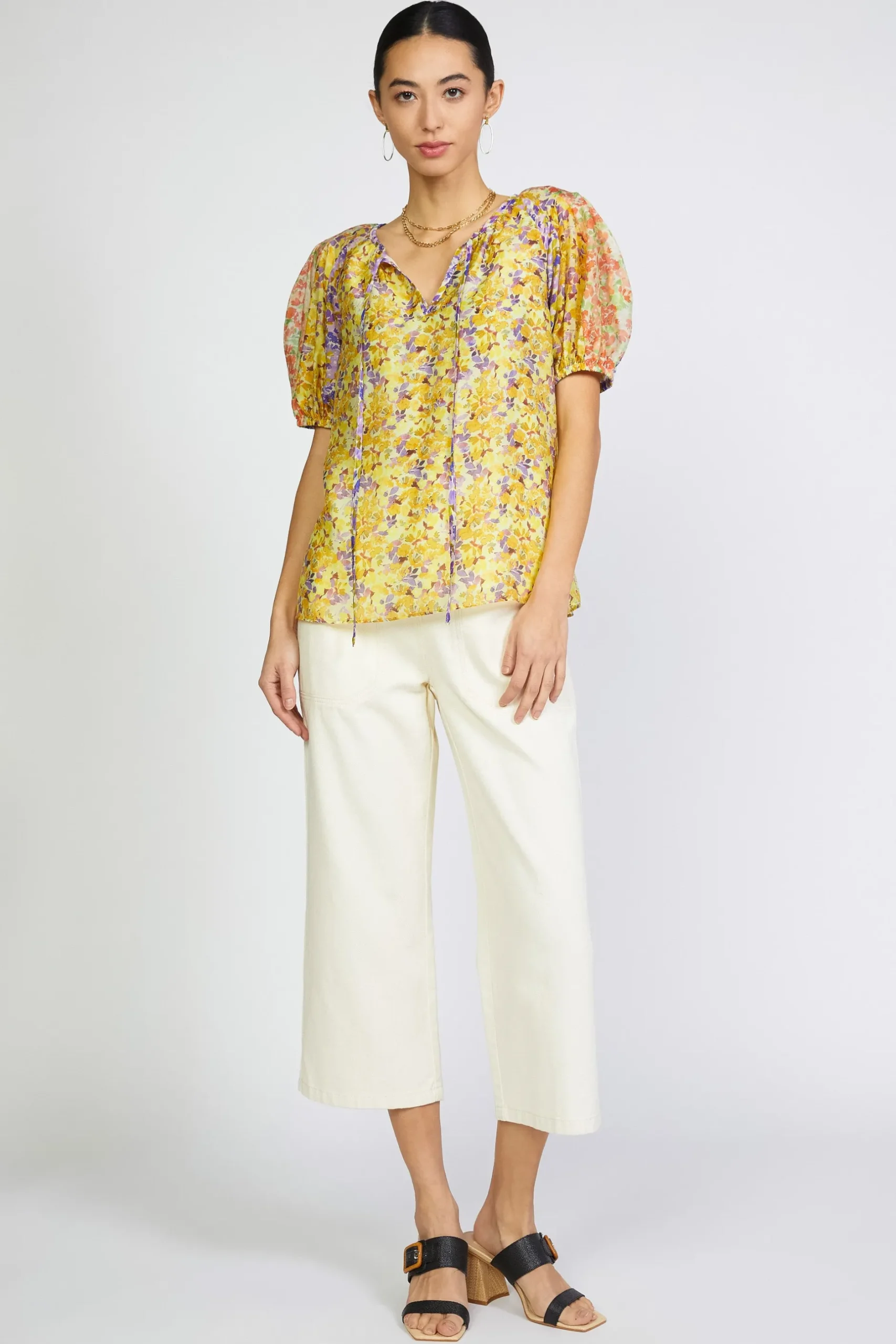 Short Sleeve Tops-Current Air Floral Colorblock Split Neck Blouse MULTI