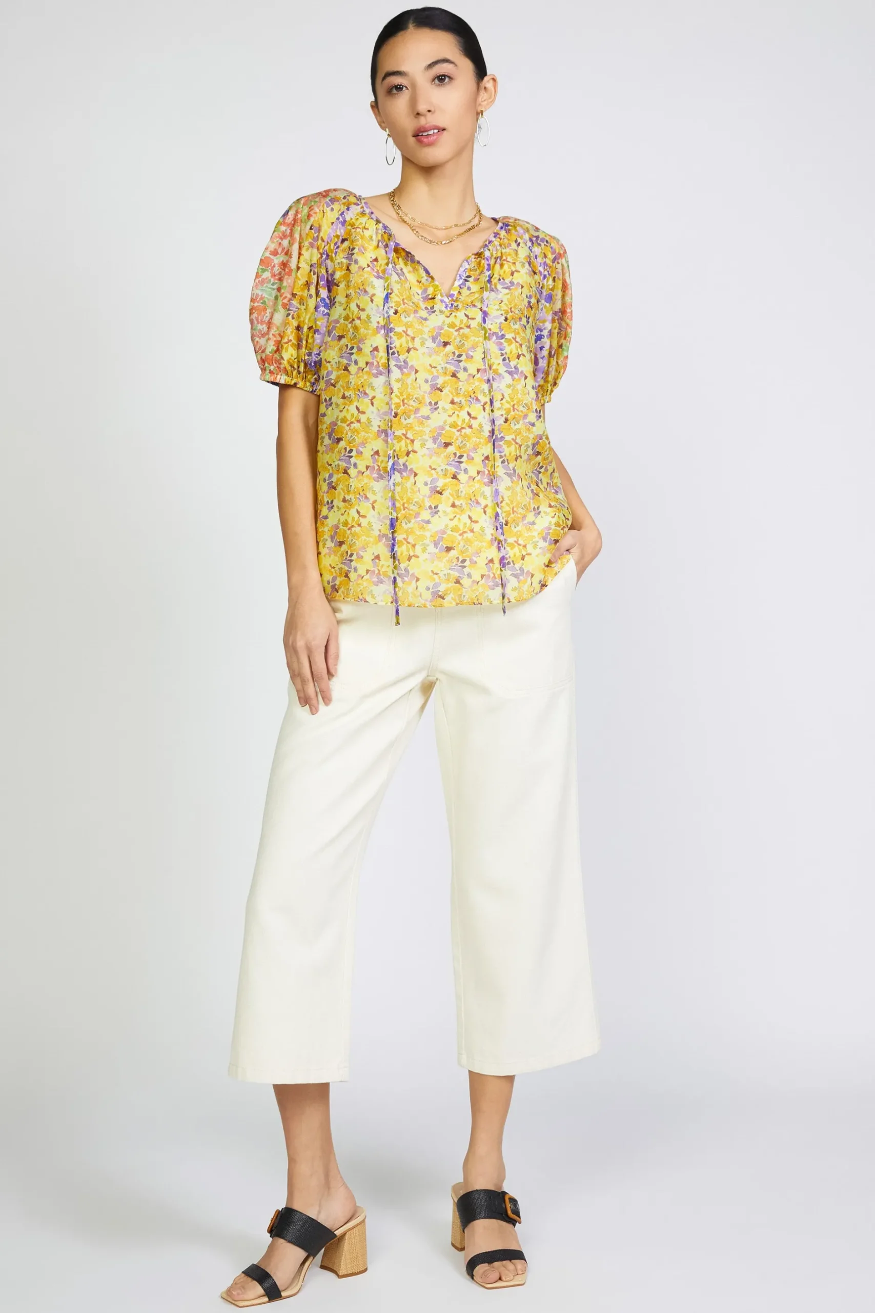 Short Sleeve Tops-Current Air Floral Colorblock Split Neck Blouse MULTI