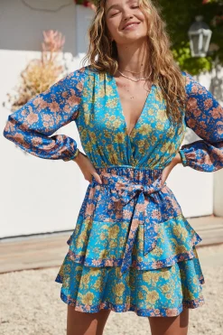 Mini Dresses-Current Air Floral Colorblock Surplice Mini Dress BLUEMULTIFLORAL