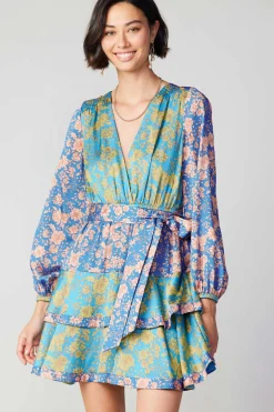 Mini Dresses-Current Air Floral Colorblock Surplice Mini Dress BLUEMULTIFLORAL