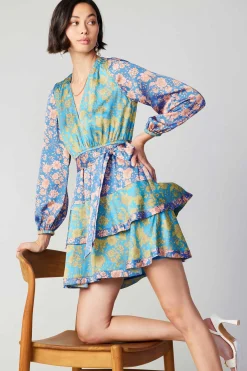 Mini Dresses-Current Air Floral Colorblock Surplice Mini Dress BLUEMULTIFLORAL