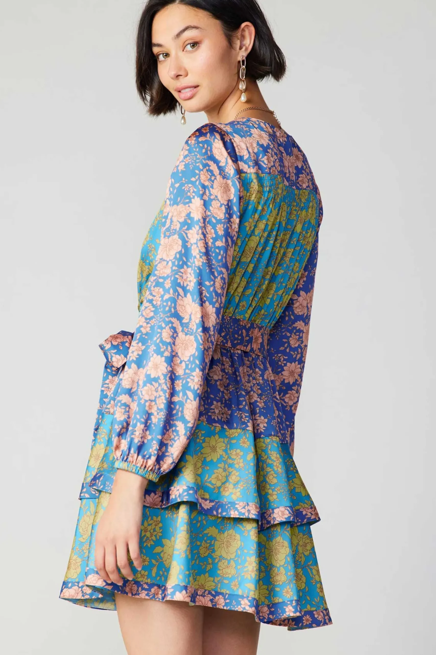 Mini Dresses-Current Air Floral Colorblock Surplice Mini Dress BLUEMULTIFLORAL