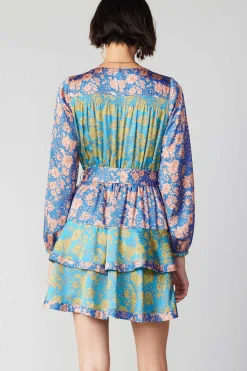 Mini Dresses-Current Air Floral Colorblock Surplice Mini Dress BLUEMULTIFLORAL