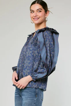 Long Sleeve Tops-Current Air Floral Constellation Blouse NAVY