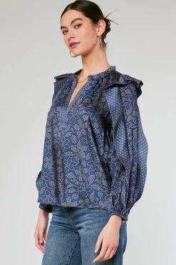 Long Sleeve Tops-Current Air Floral Constellation Blouse NAVY