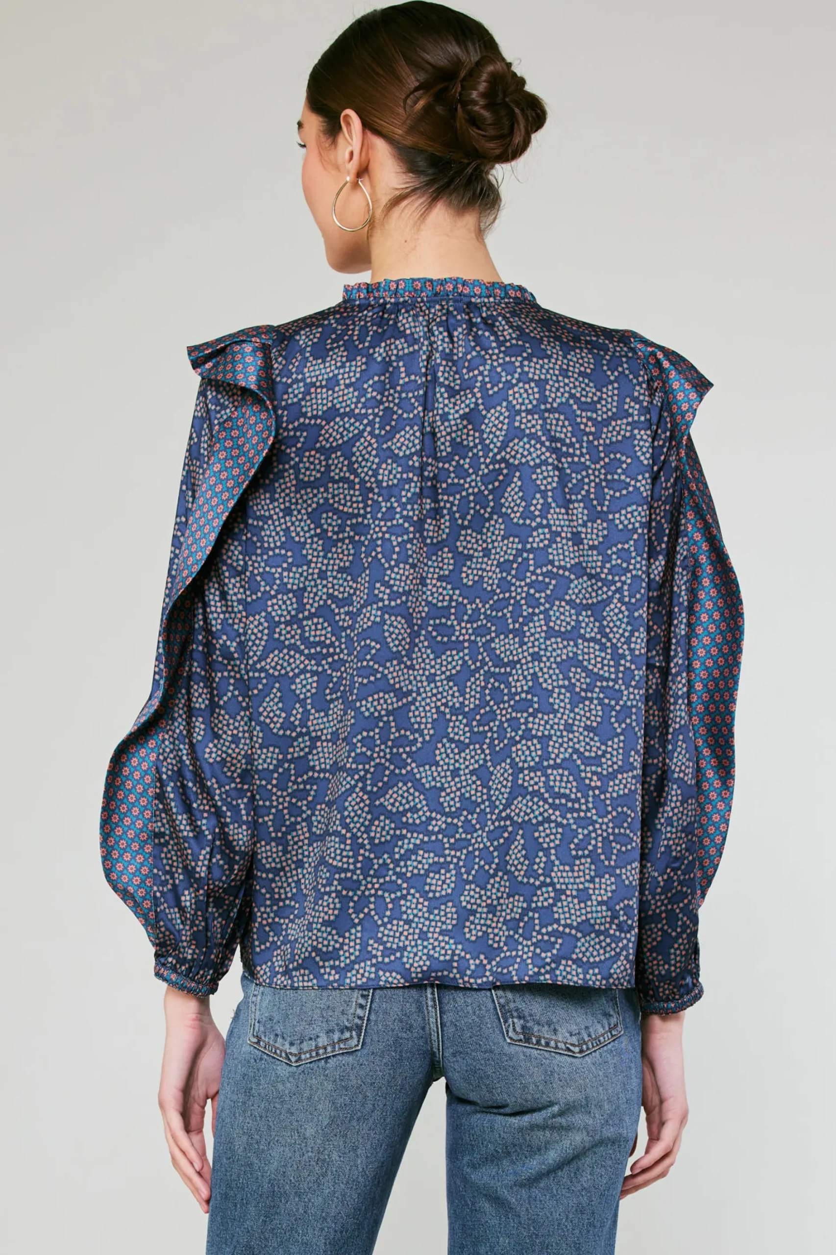 Long Sleeve Tops-Current Air Floral Constellation Blouse NAVY