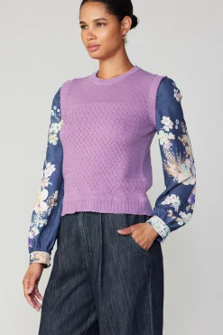 Long Sleeve Tops|Sweaters-Current Air Floral Contrast Sleeve Sweater Top LILAC