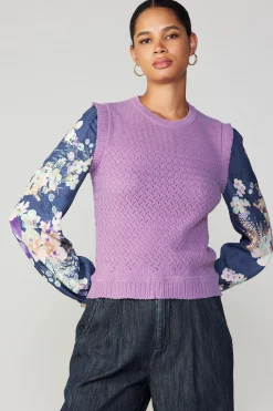 Long Sleeve Tops|Sweaters-Current Air Floral Contrast Sleeve Sweater Top LILAC