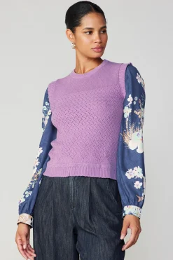 Long Sleeve Tops|Sweaters-Current Air Floral Contrast Sleeve Sweater Top LILAC