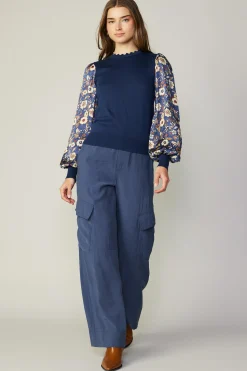 Long Sleeve Tops|Sweaters-Current Air Floral Contrast Sweater Top NAVYFLORAL