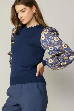 Long Sleeve Tops|Sweaters-Current Air Floral Contrast Sweater Top NAVYFLORAL