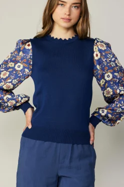 Long Sleeve Tops|Sweaters-Current Air Floral Contrast Sweater Top NAVYFLORAL