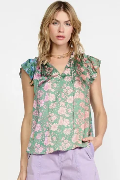 Sleeveless Tops-Current Air Floral Gradient Ruffled Blouse FLORALGREENMLT