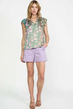 Sleeveless Tops-Current Air Floral Gradient Ruffled Blouse FLORALGREENMLT