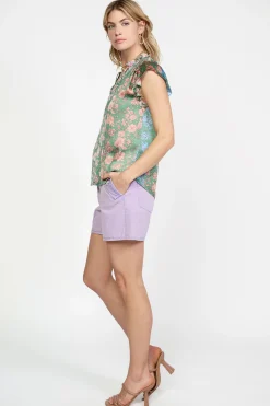 Sleeveless Tops-Current Air Floral Gradient Ruffled Blouse FLORALGREENMLT