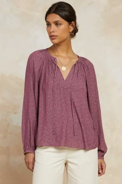 Long Sleeve Tops-Current Air Floral Jacquard Split Neck Top DRIEDROSE