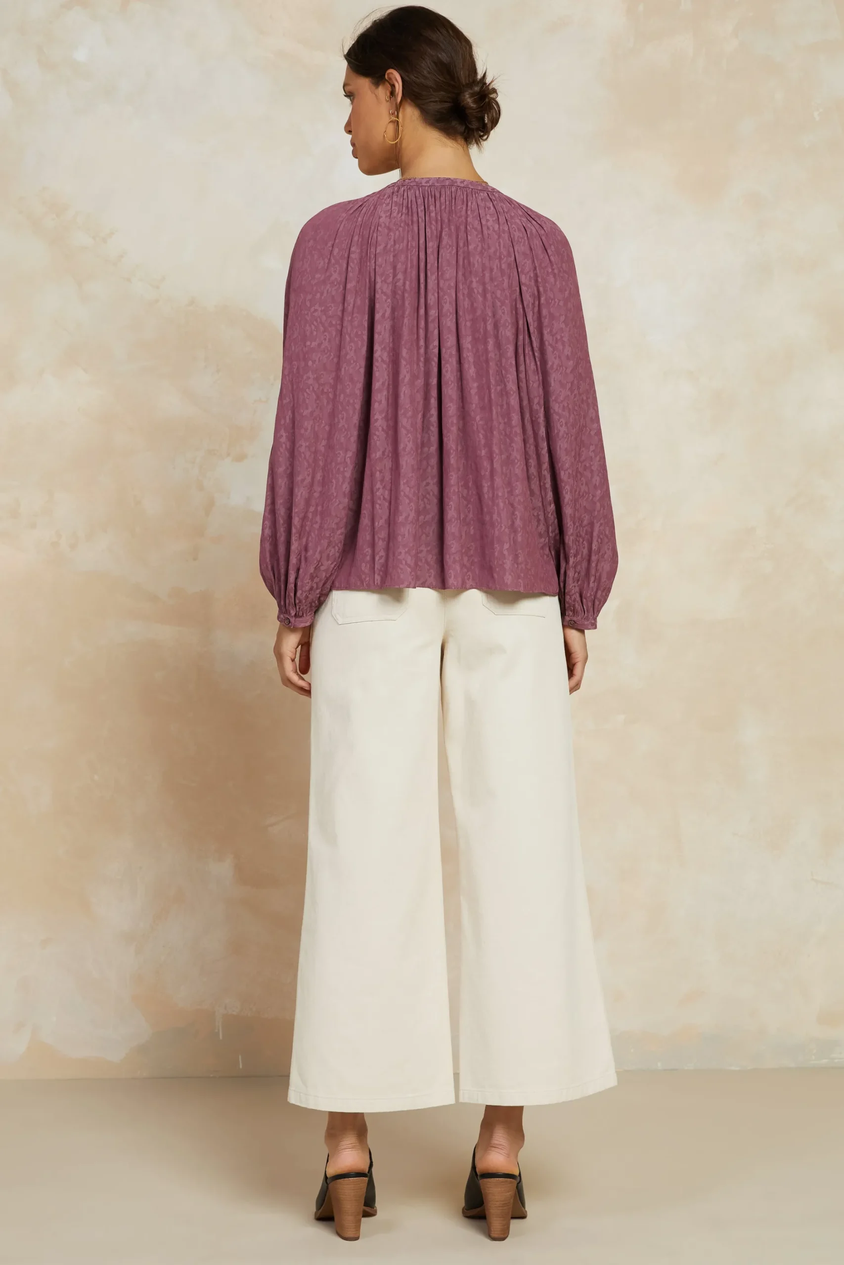 Long Sleeve Tops-Current Air Floral Jacquard Split Neck Top DRIEDROSE