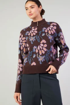 Knitwear|Sweaters-Current Air Floral Jacquard Zip Sweater BROWNMLT