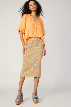 Knitwear|Skirts-Current Air Floral Knit Midi Skirt ORANGEMLT
