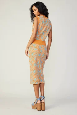 Knitwear|Skirts-Current Air Floral Knit Midi Skirt ORANGEMLT