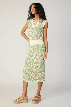 Knitwear-Current Air Floral Knit Midi Skirt GREENMLT