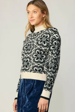 Sweaters-Current Air Floral Mock Neck Sweater BLACK
