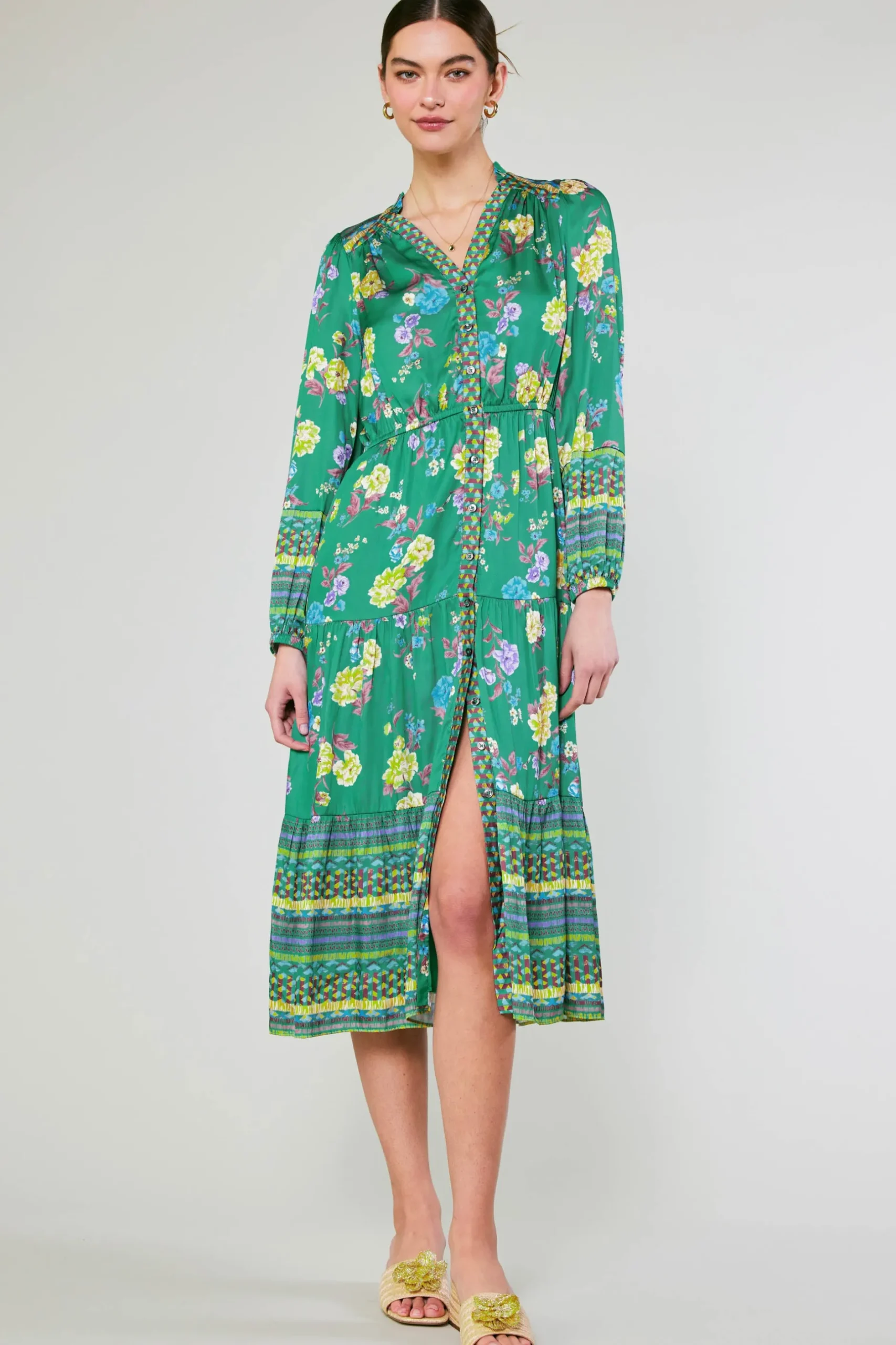 Midi Dresses-Current Air Floral Motif Buttondown Dress GREENFLORALMLT
